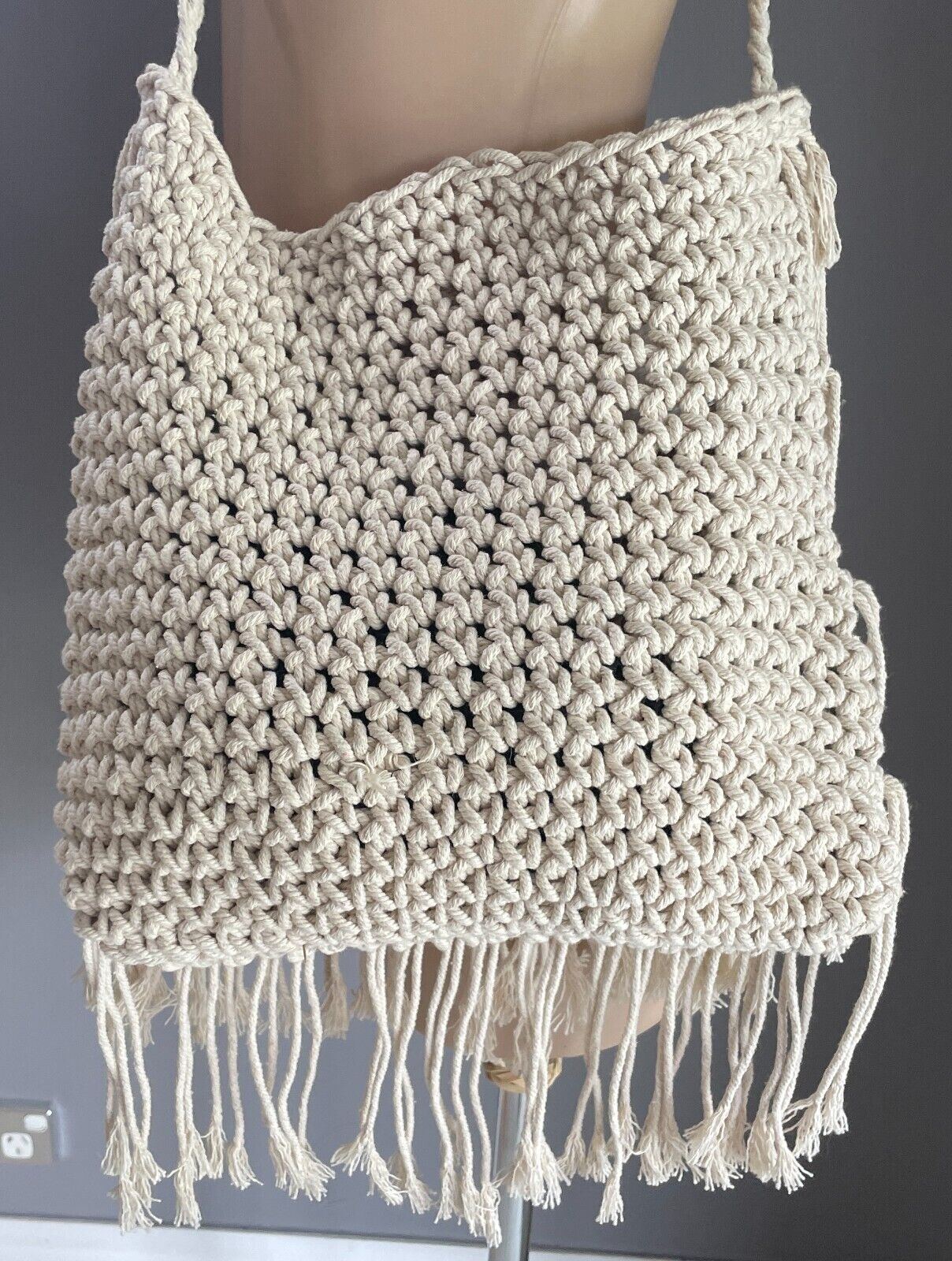 Macrame Shoulder Bag Boho Hippy Chic Off White Crochet w Hanging Tassel Trim
