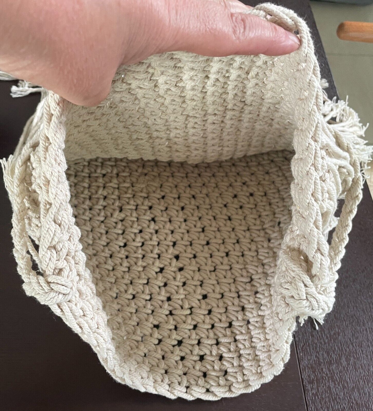 Macrame Shoulder Bag Boho Hippy Chic Off White Crochet w Hanging Tassel Trim