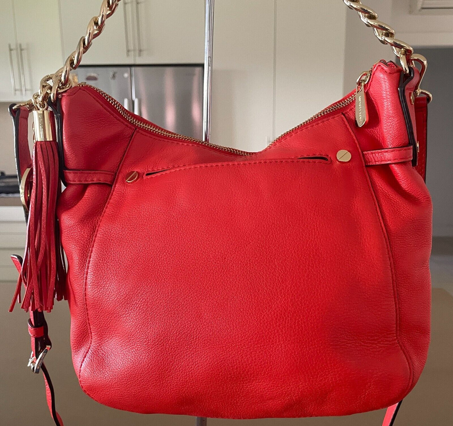 MICHAEL KORS Shoulder Bag Orange Pebble Leather Adjustable Chain Strap