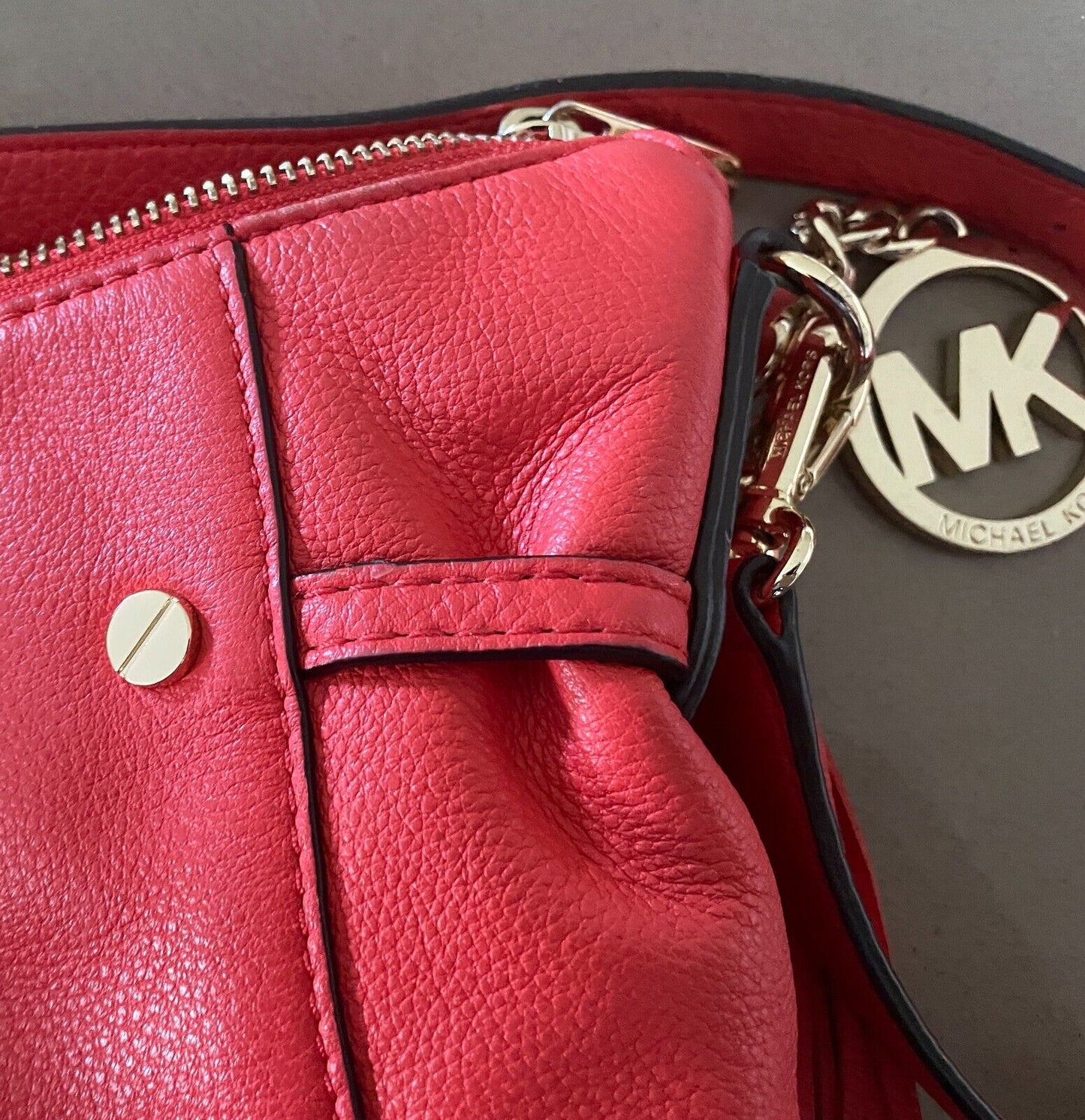 MICHAEL KORS Shoulder Bag Orange Pebble Leather Adjustable Chain Strap