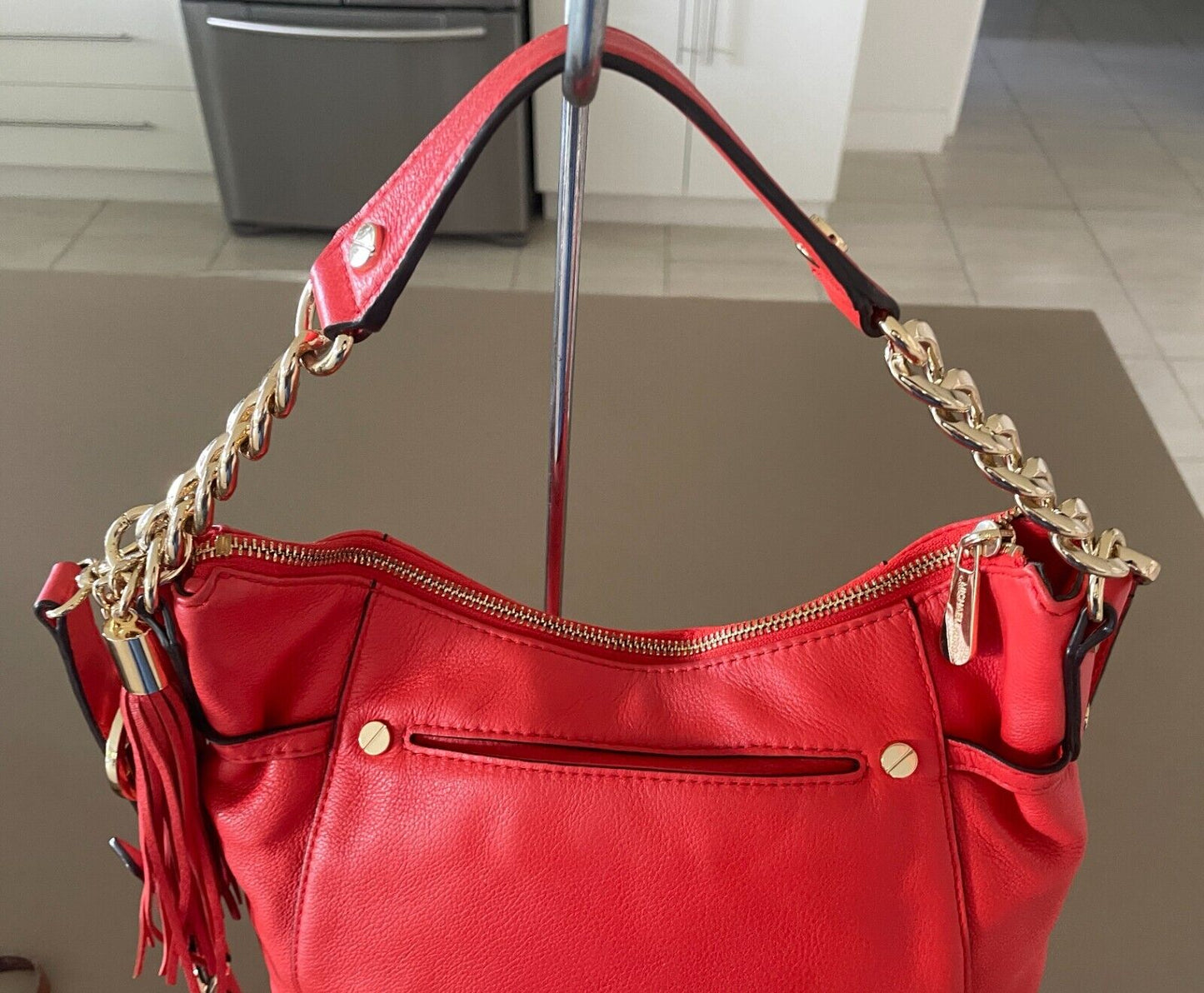 MICHAEL KORS Shoulder Bag Orange Pebble Leather Adjustable Chain Strap