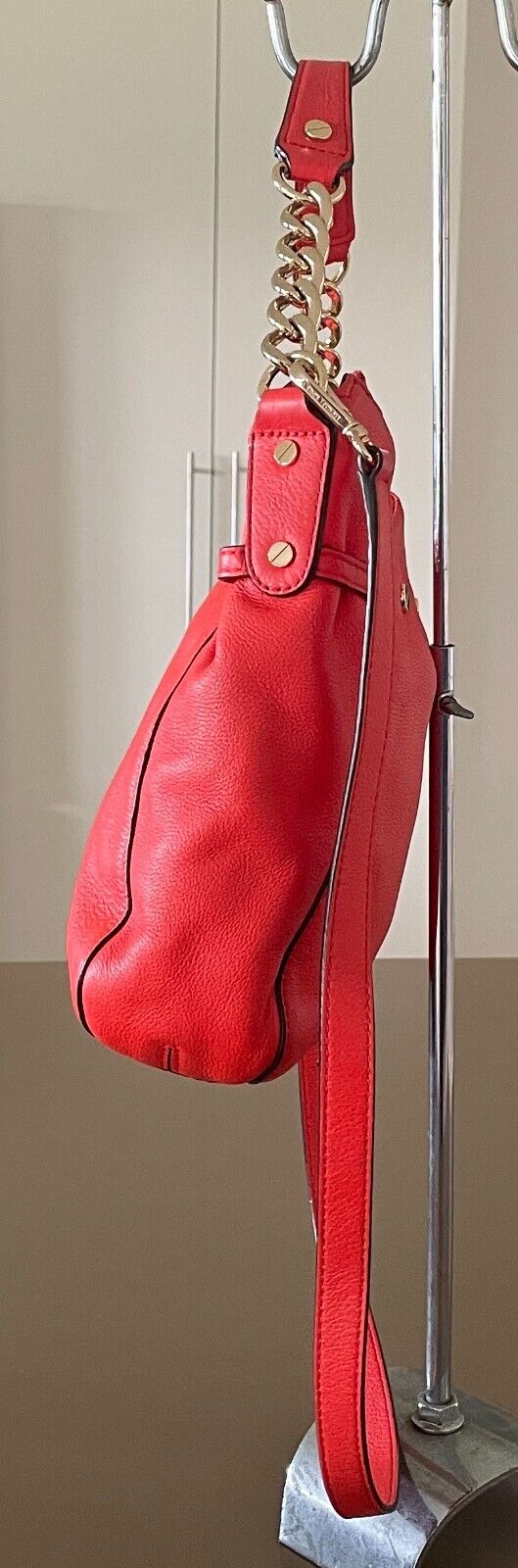 MICHAEL KORS Shoulder Bag Orange Pebble Leather Adjustable Chain Strap
