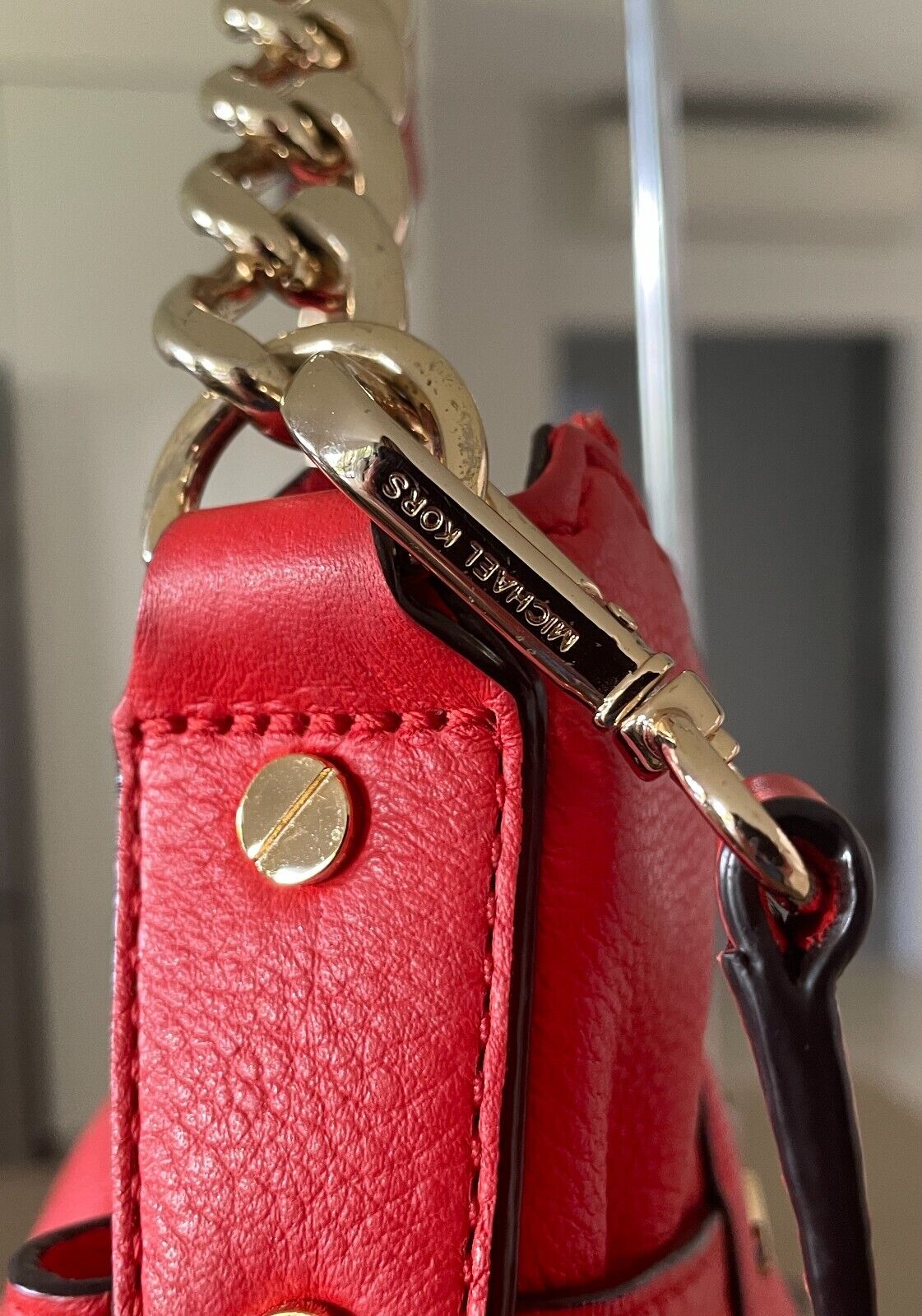 MICHAEL KORS Shoulder Bag Orange Pebble Leather Adjustable Chain Strap