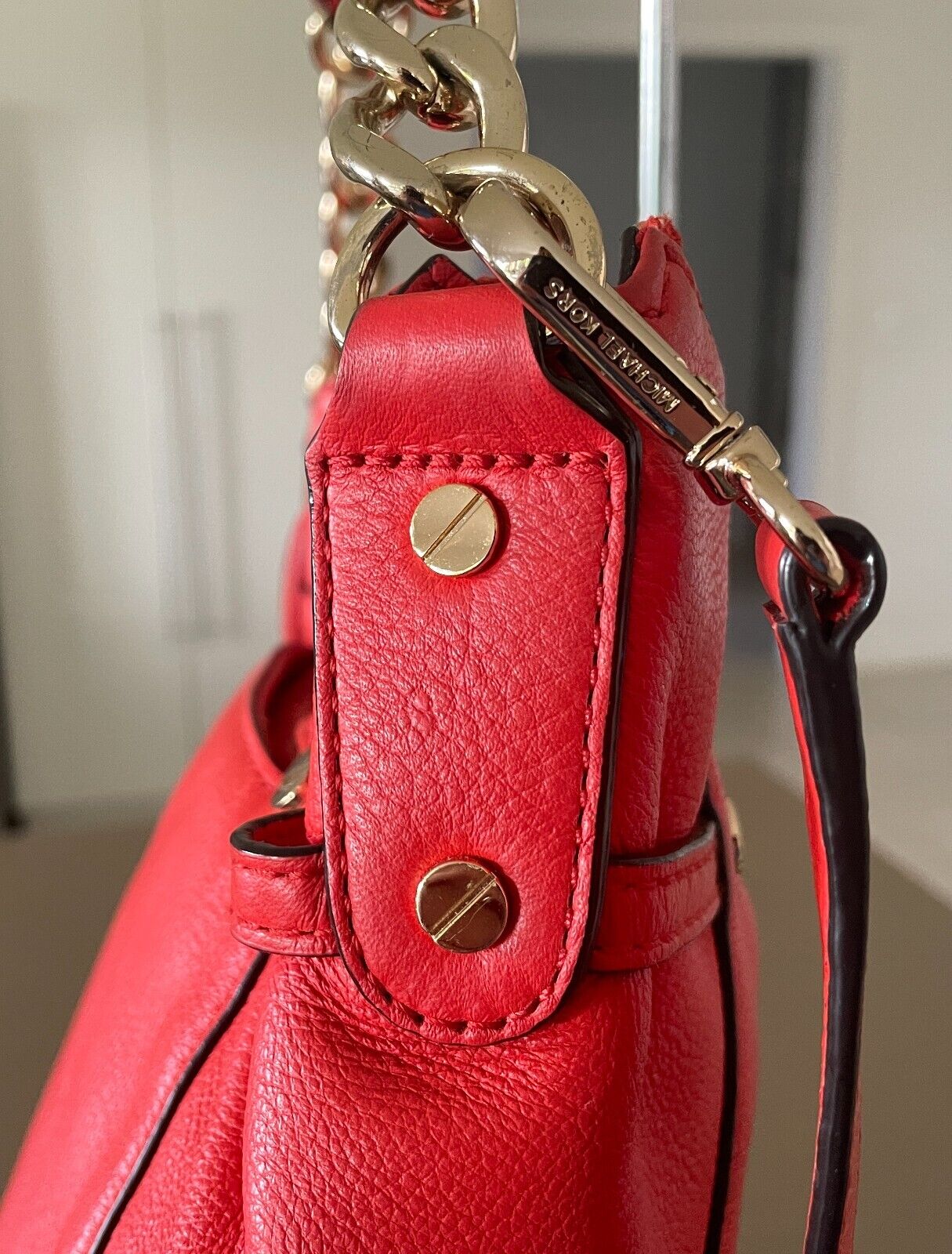MICHAEL KORS Shoulder Bag Orange Pebble Leather Adjustable Chain Strap