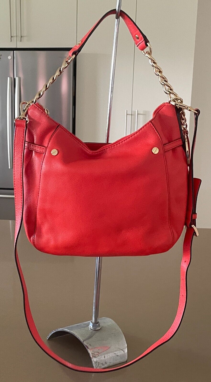 MICHAEL KORS Shoulder Bag Orange Pebble Leather Adjustable Chain Strap