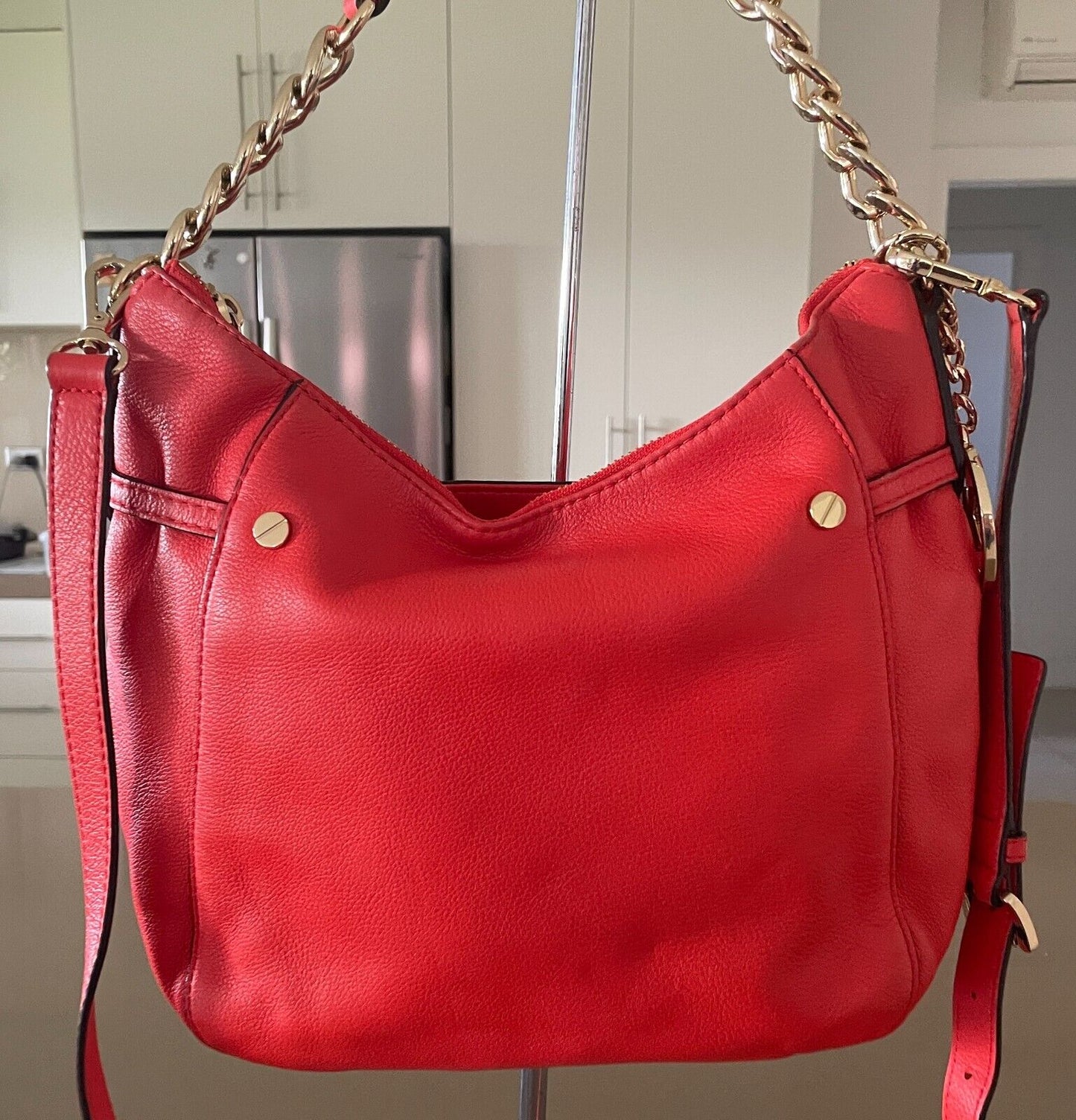 MICHAEL KORS Shoulder Bag Orange Pebble Leather Adjustable Chain Strap