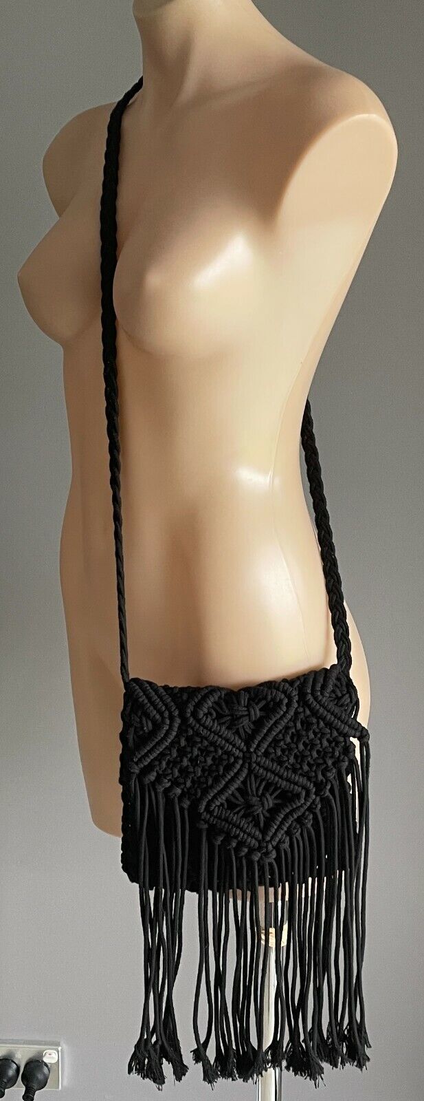 Shoulder Bag Crochet Macrame Boho Black Cross Body  w Hanging Tassels