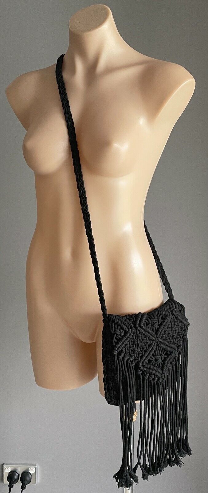 Shoulder Bag Crochet Macrame Boho Black Cross Body  w Hanging Tassels