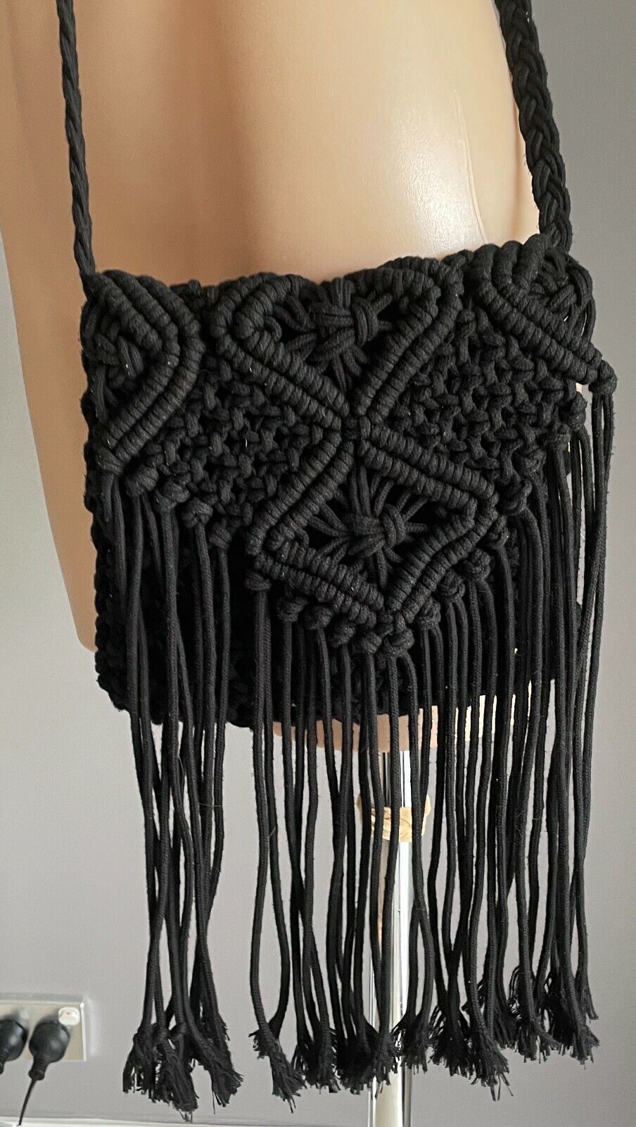 Shoulder Bag Crochet Macrame Boho Black Cross Body  w Hanging Tassels