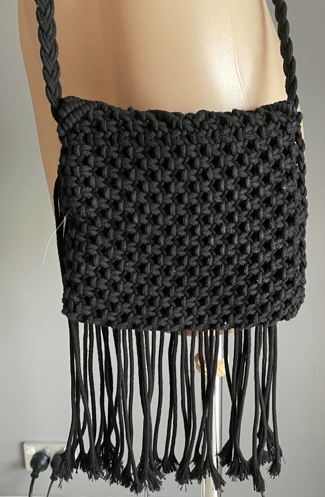 Shoulder Bag Crochet Macrame Boho Black Cross Body  w Hanging Tassels