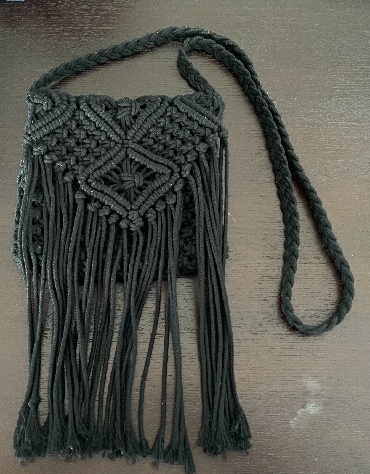 Shoulder Bag Crochet Macrame Boho Black Cross Body  w Hanging Tassels