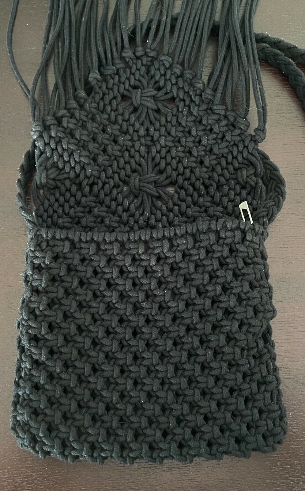 Shoulder Bag Crochet Macrame Boho Black Cross Body  w Hanging Tassels