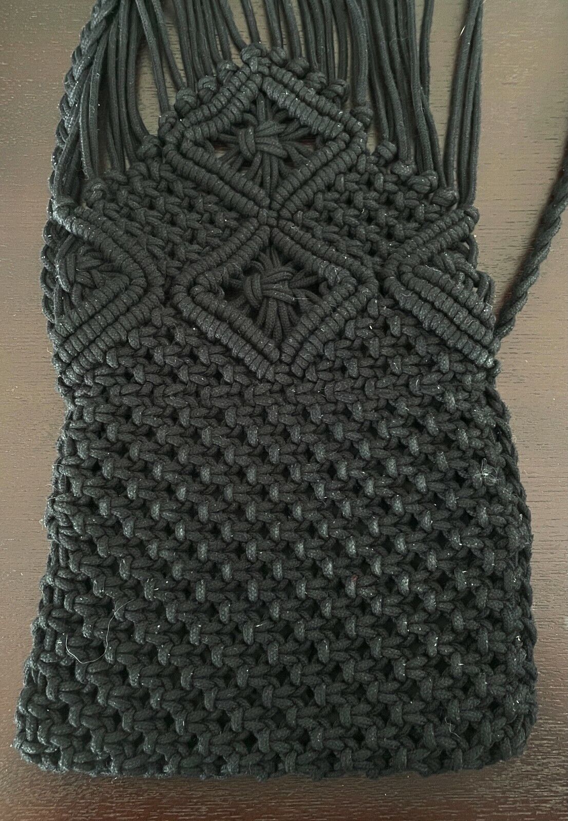 Shoulder Bag Crochet Macrame Boho Black Cross Body  w Hanging Tassels
