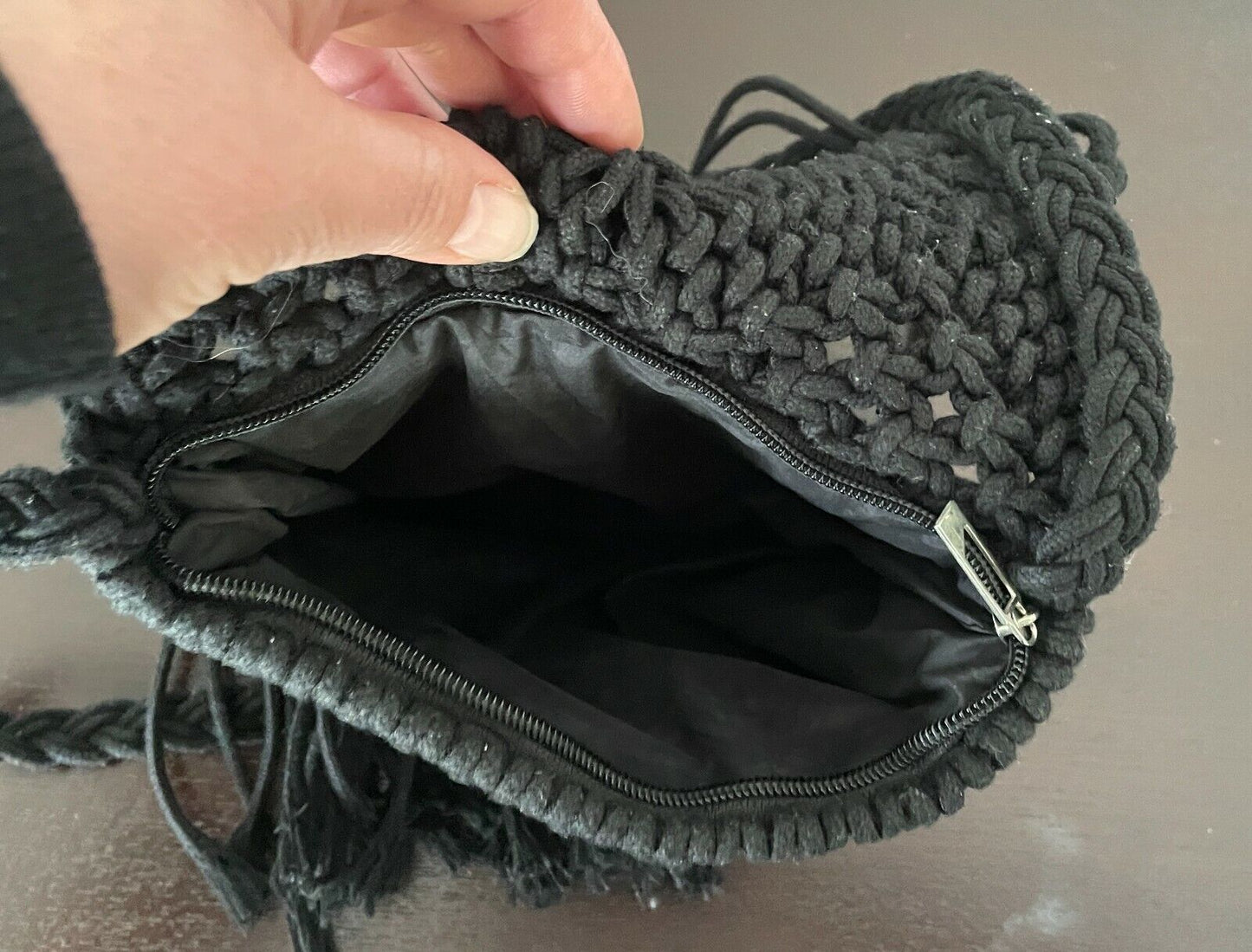 Shoulder Bag Crochet Macrame Boho Black Cross Body  w Hanging Tassels