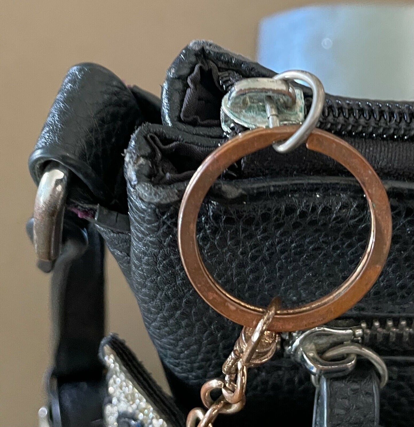 TAHARI Shoulder Bag Black Pebble Leathe Crossbody Adjustable Strap Owl Charm