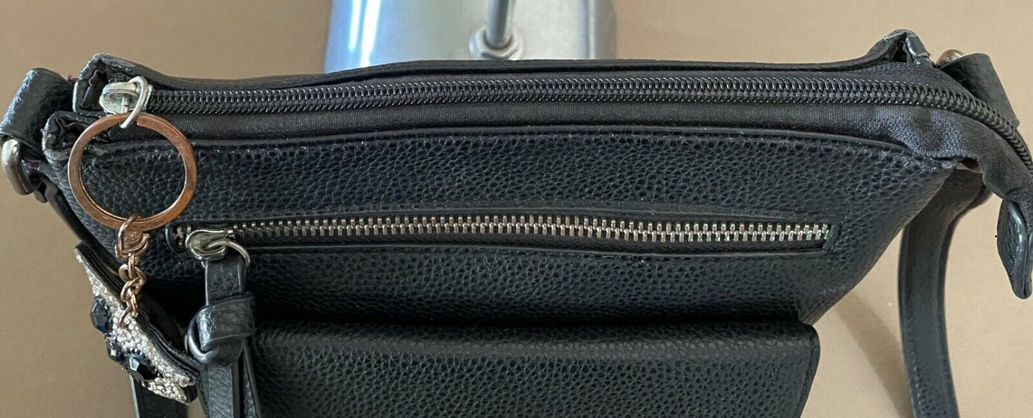 TAHARI Shoulder Bag Black Pebble Leathe Crossbody Adjustable Strap Owl Charm