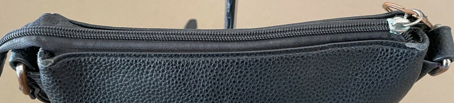 TAHARI Shoulder Bag Black Pebble Leathe Crossbody Adjustable Strap Owl Charm