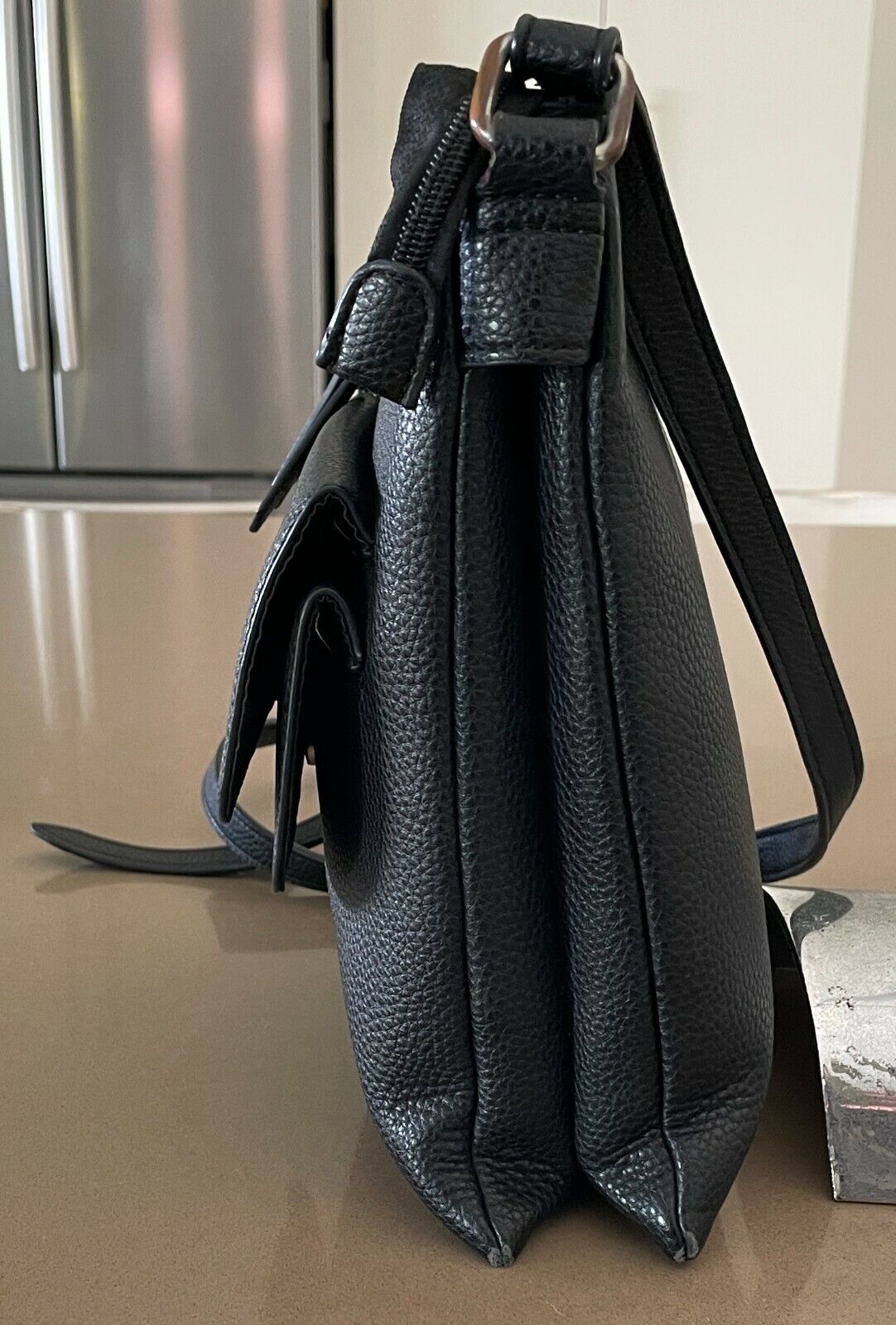 TAHARI Shoulder Bag Black Pebble Leathe Crossbody Adjustable Strap Owl Charm