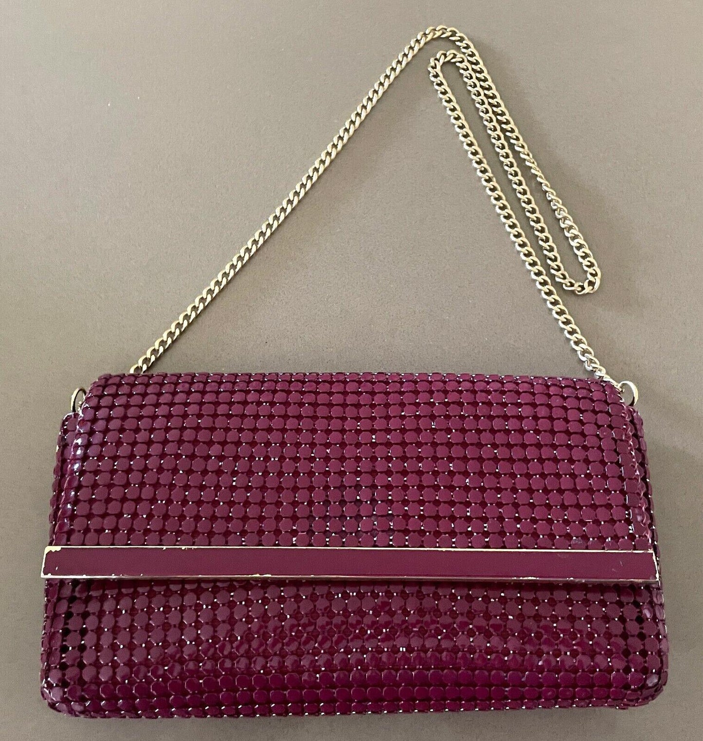 Vintage 1970's Shoulder Bag Dark Cerise Red Metal Mesh Medium Clutch w Chain