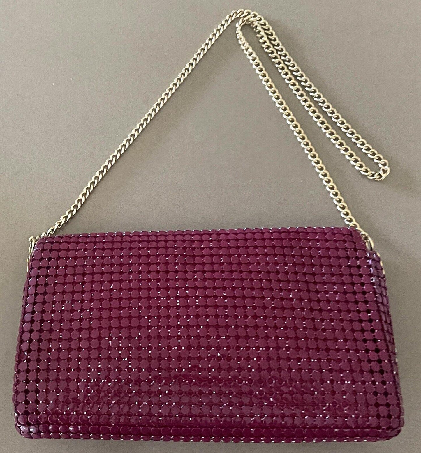 Vintage 1970's Shoulder Bag Dark Cerise Red Metal Mesh Medium Clutch w Chain