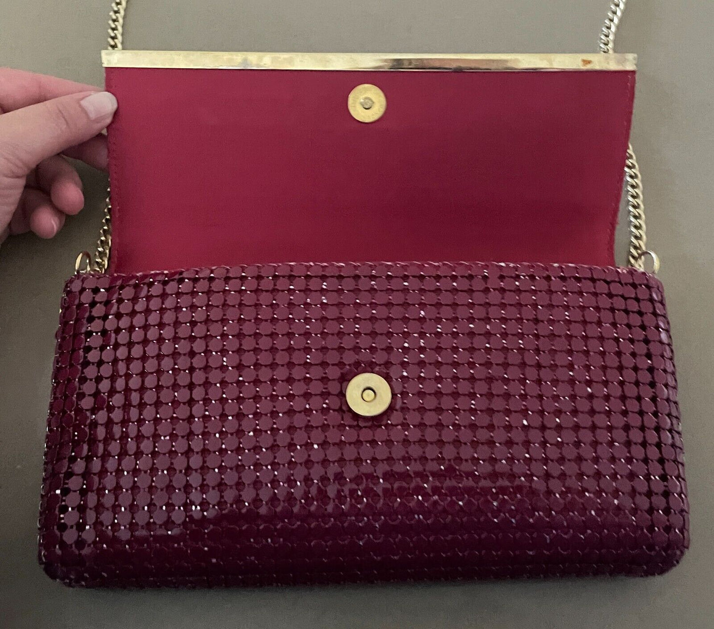Vintage 1970's Shoulder Bag Dark Cerise Red Metal Mesh Medium Clutch w Chain