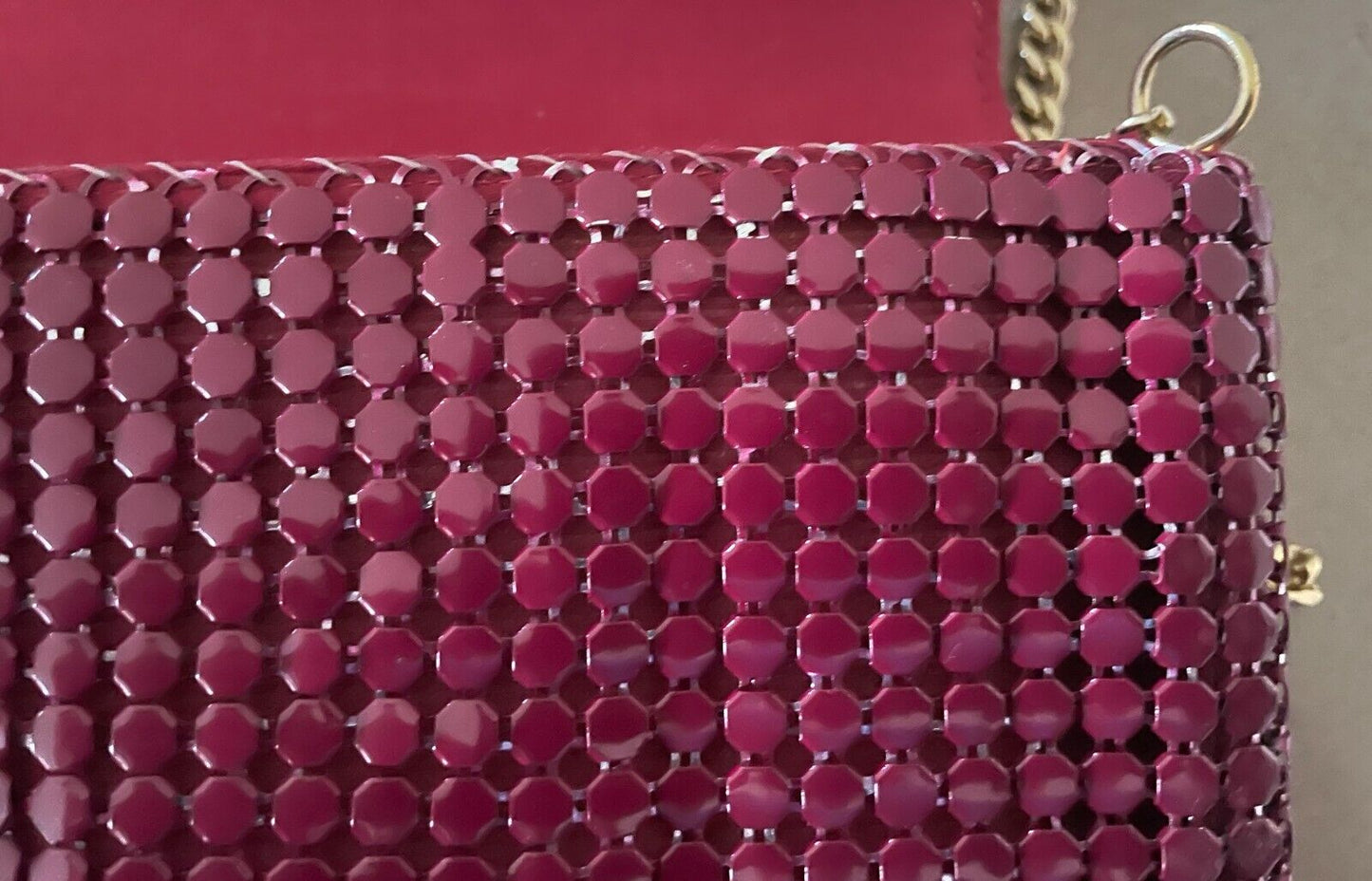 Vintage 1970's Shoulder Bag Dark Cerise Red Metal Mesh Medium Clutch w Chain