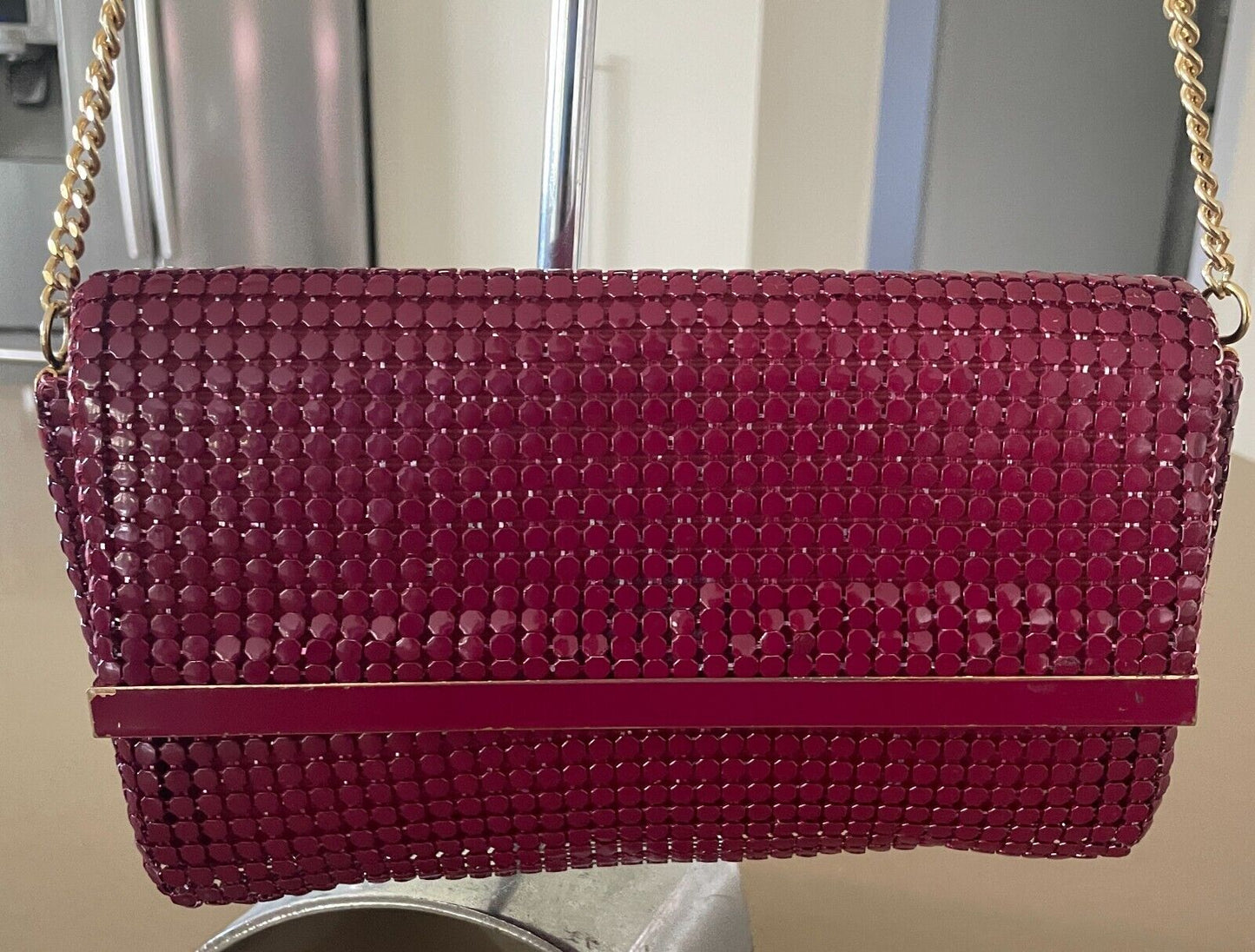 Vintage 1970's Shoulder Bag Dark Cerise Red Metal Mesh Medium Clutch w Chain