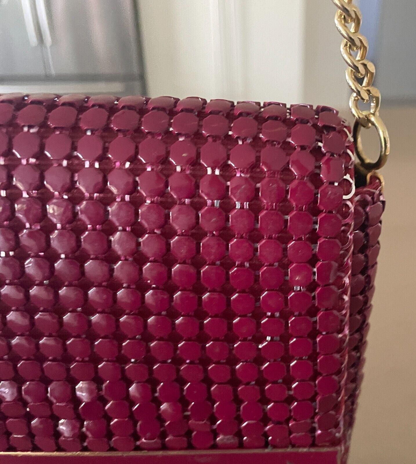 Vintage 1970's Shoulder Bag Dark Cerise Red Metal Mesh Medium Clutch w Chain