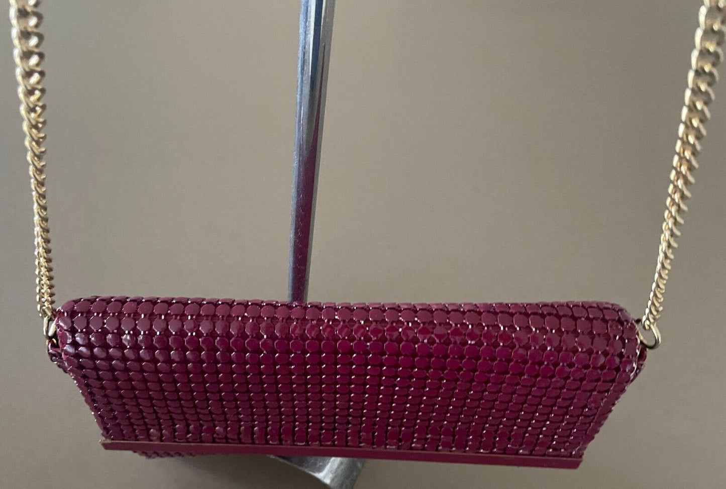 Vintage 1970's Shoulder Bag Dark Cerise Red Metal Mesh Medium Clutch w Chain