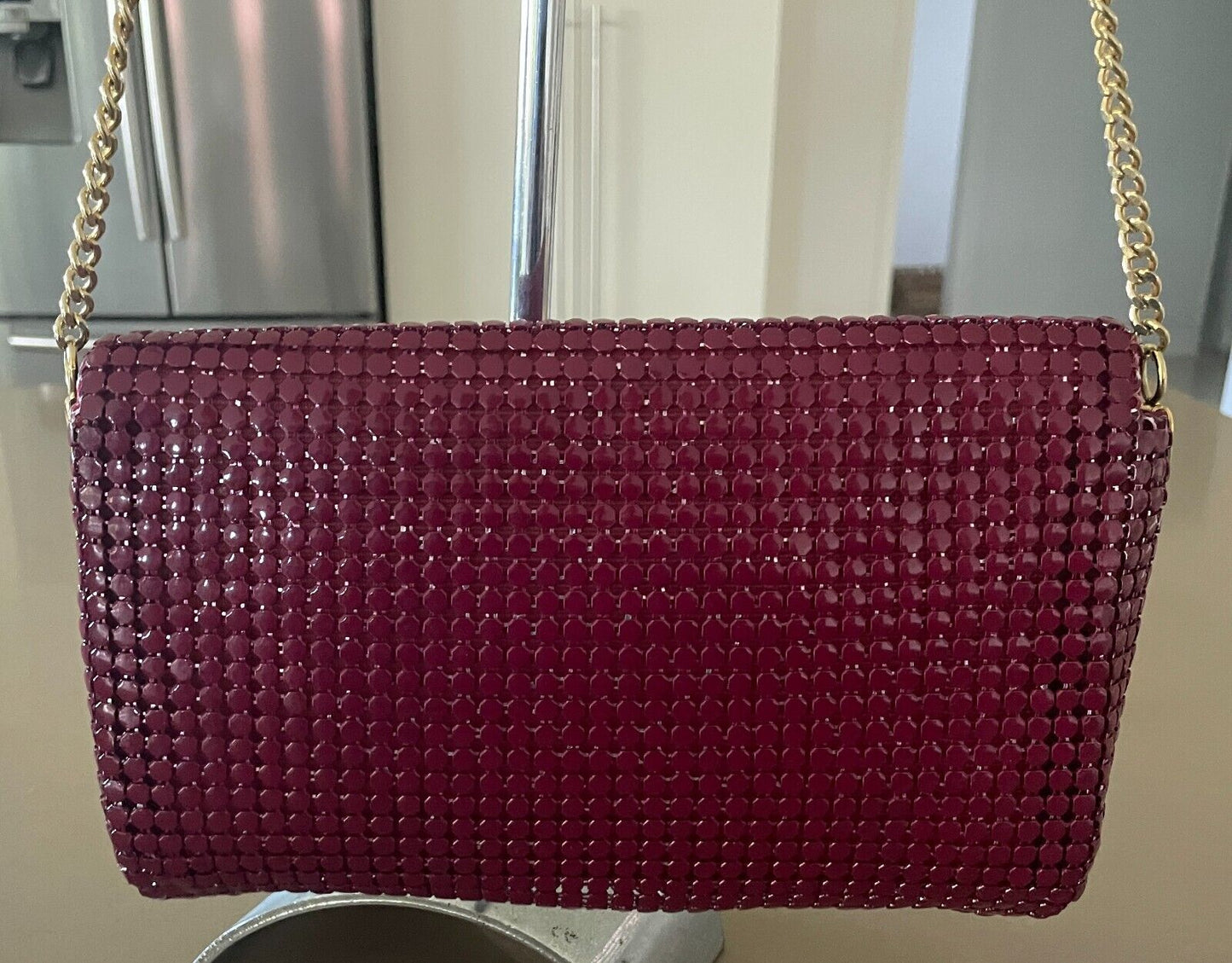 Vintage 1970's Shoulder Bag Dark Cerise Red Metal Mesh Medium Clutch w Chain
