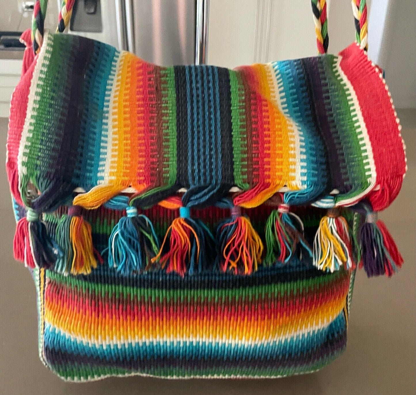 Boho SHOULDER BAG Tassels Bright MultiColoured Woven Fabric Stripe Crossbody