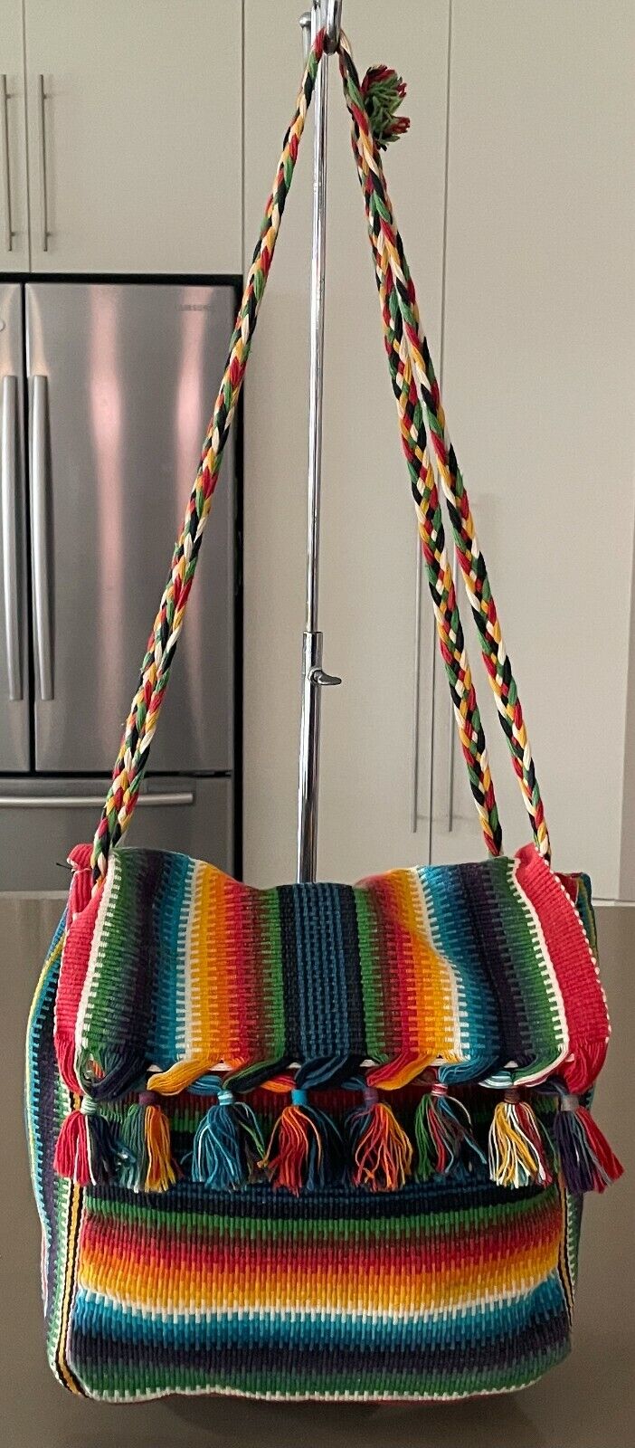 Boho SHOULDER BAG Tassels Bright MultiColoured Woven Fabric Stripe Crossbody