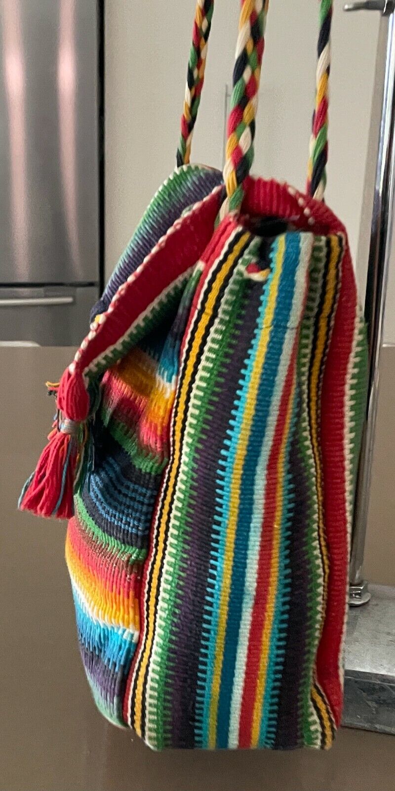 Boho SHOULDER BAG Tassels Bright MultiColoured Woven Fabric Stripe Crossbody