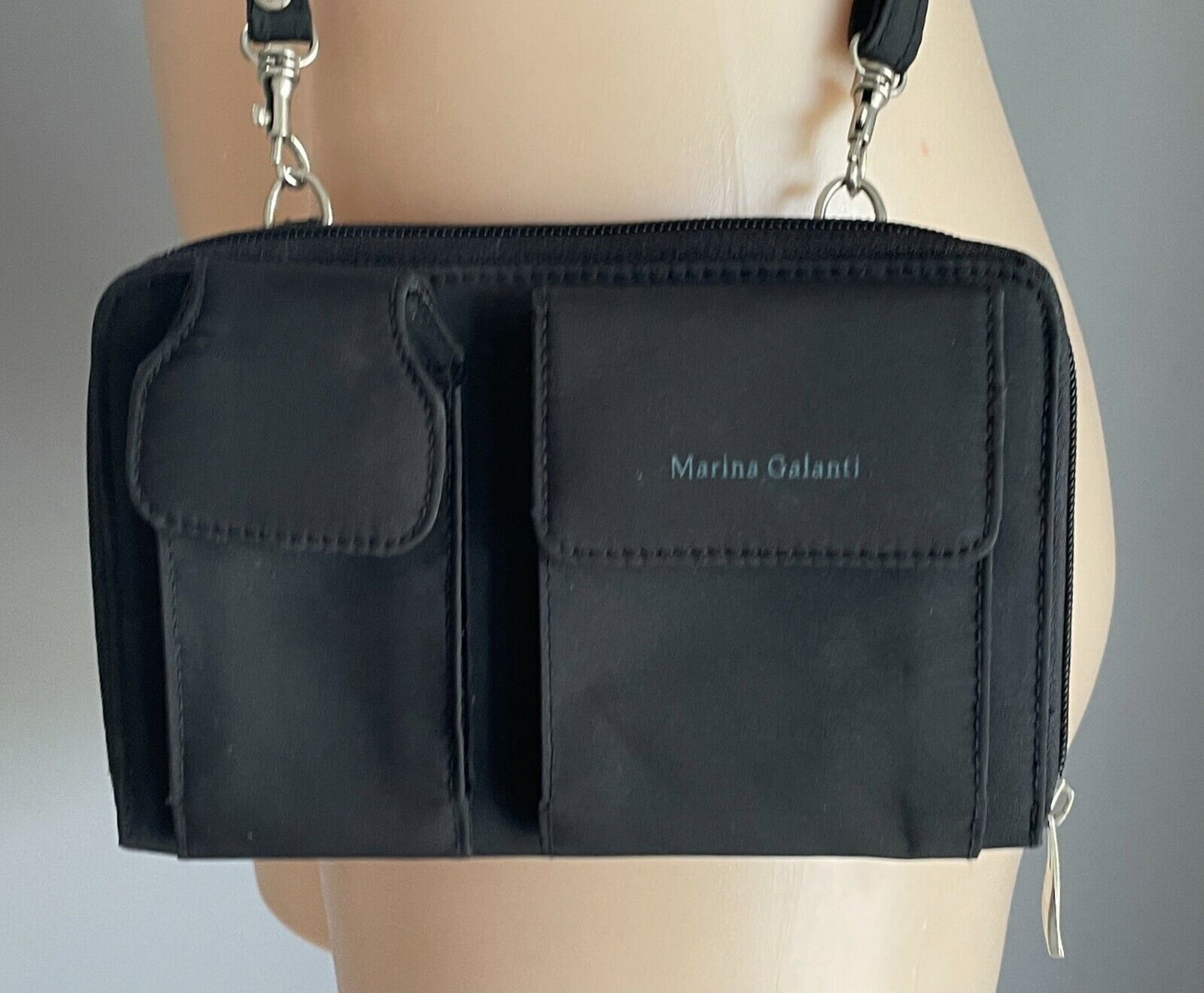 MARINA GALANTI Cross Body Bag Black Thread Through Belt Waist + Shoulder Strap