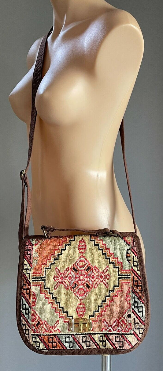 MATRIS HANDICRAFTS UNESCO Shoulder Bag Brown Faux Suede Trim & Tapestry Clutch