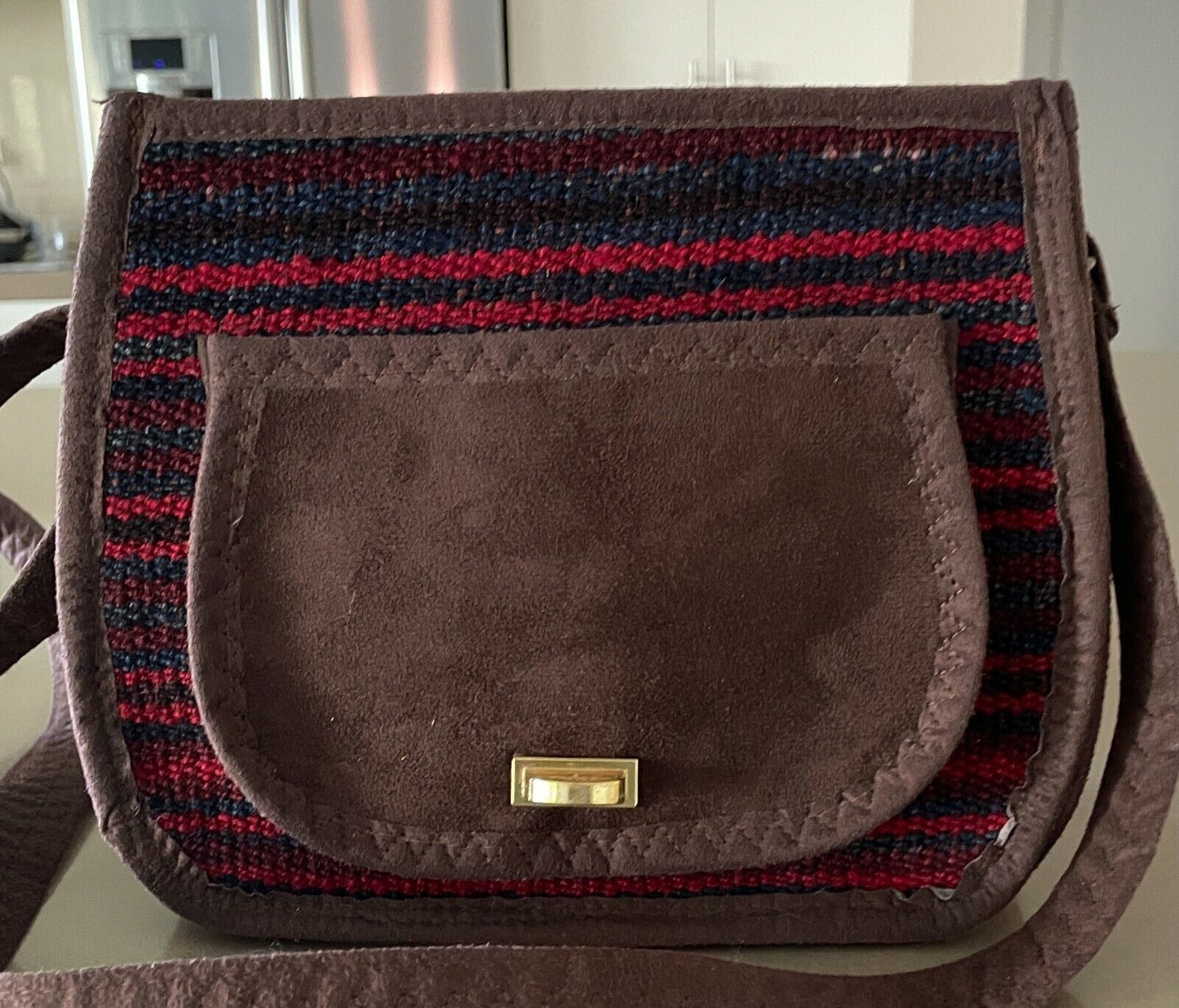 MATRIS HANDICRAFTS UNESCO Shoulder Bag Brown Faux Suede Trim & Tapestry Clutch