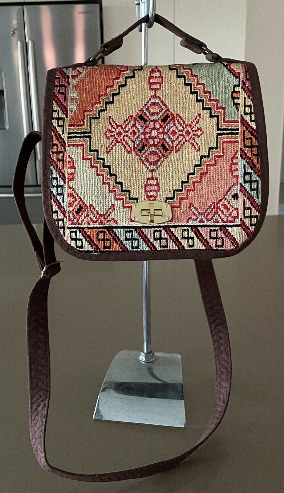 MATRIS HANDICRAFTS UNESCO Shoulder Bag Brown Faux Suede Trim & Tapestry Clutch