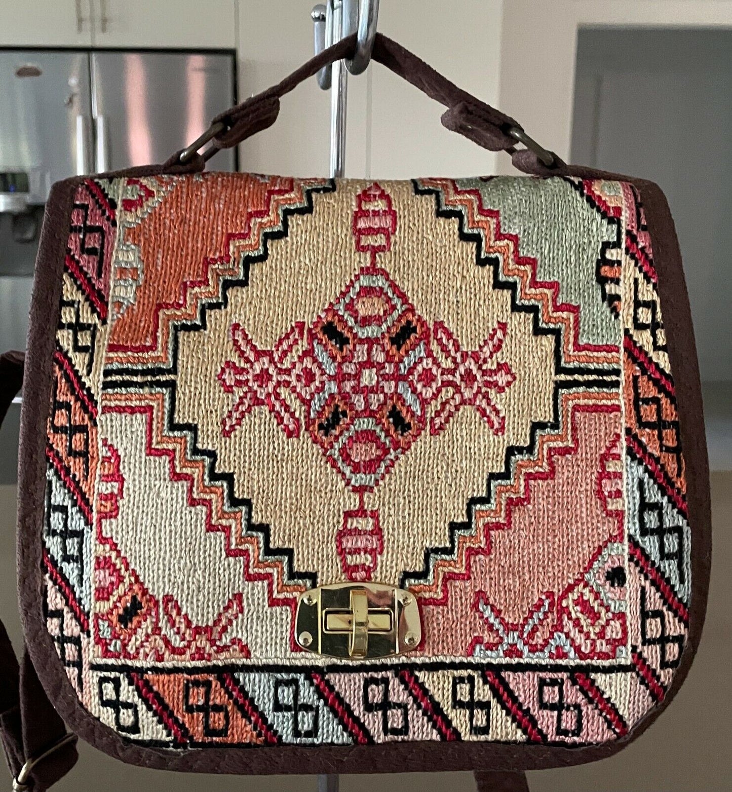 MATRIS HANDICRAFTS UNESCO Shoulder Bag Brown Faux Suede Trim & Tapestry Clutch