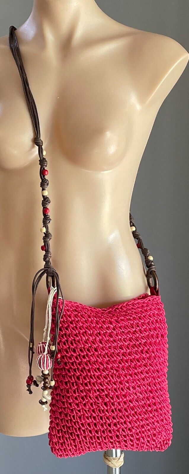 Shoulder Bag Boho Cerise Red Jute Crossbody w Brown PU Straps Beaded Trim NEW