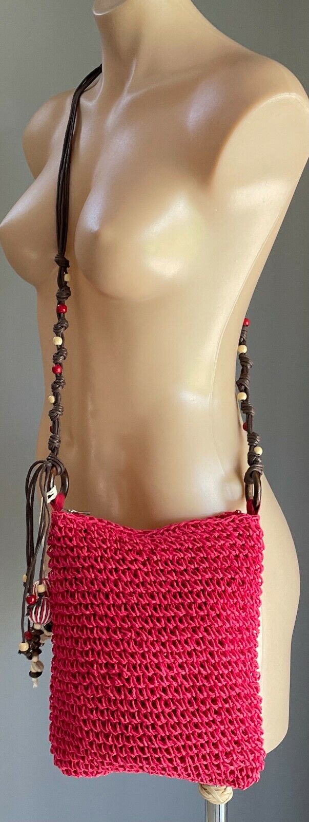 Shoulder Bag Boho Cerise Red Jute Crossbody w Brown PU Straps Beaded Trim NEW