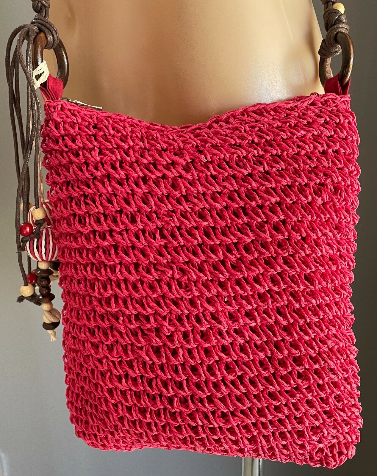 Shoulder Bag Boho Cerise Red Jute Crossbody w Brown PU Straps Beaded Trim NEW