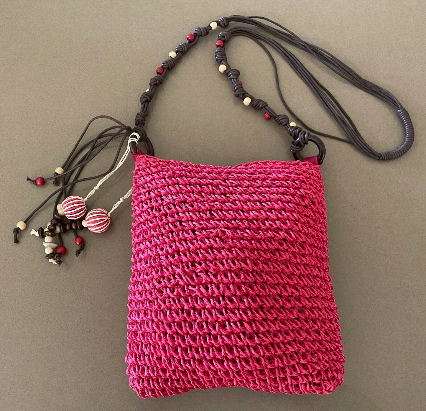 Shoulder Bag Boho Cerise Red Jute Crossbody w Brown PU Straps Beaded Trim NEW