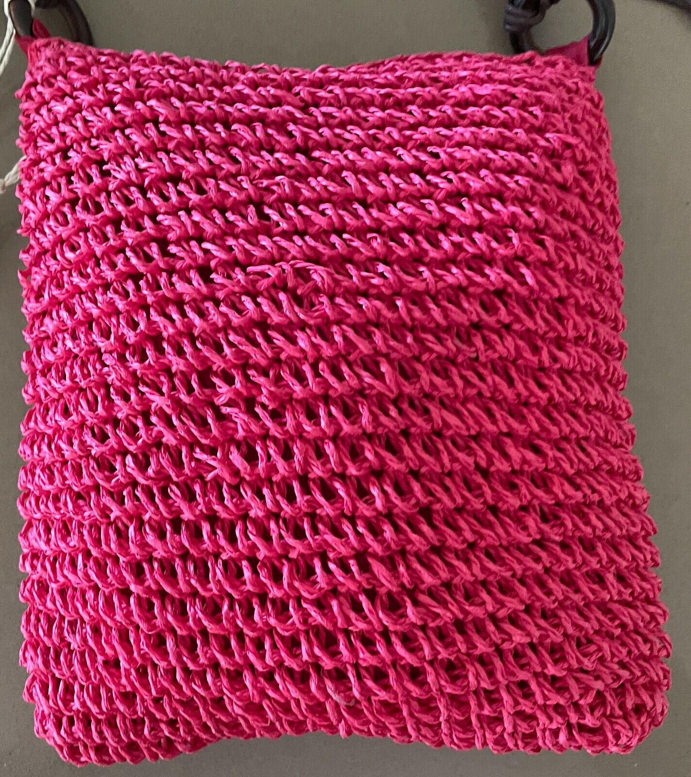 Shoulder Bag Boho Cerise Red Jute Crossbody w Brown PU Straps Beaded Trim NEW