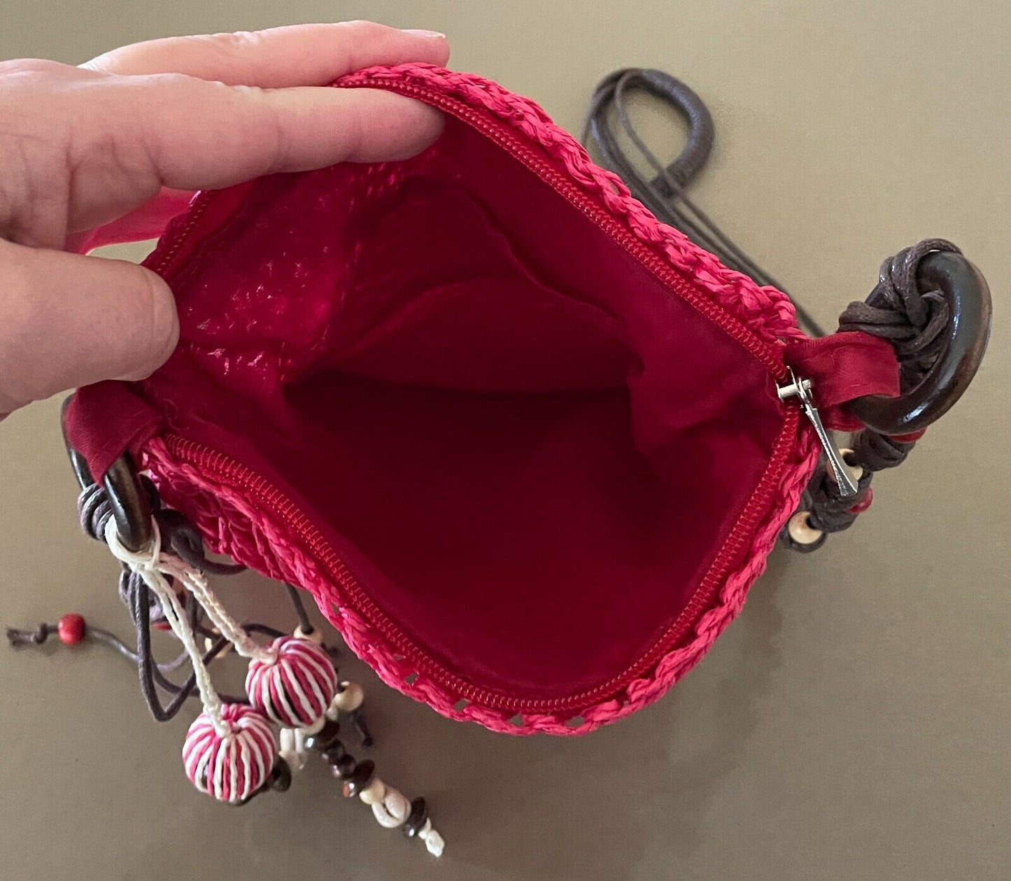 Shoulder Bag Boho Cerise Red Jute Crossbody w Brown PU Straps Beaded Trim NEW