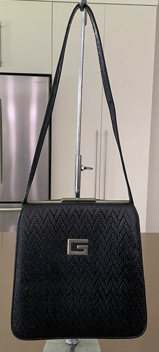 Vintage SHOULDER BAG 1960's Black Embossed Vinyl Frame Handbag Adjustable Strap