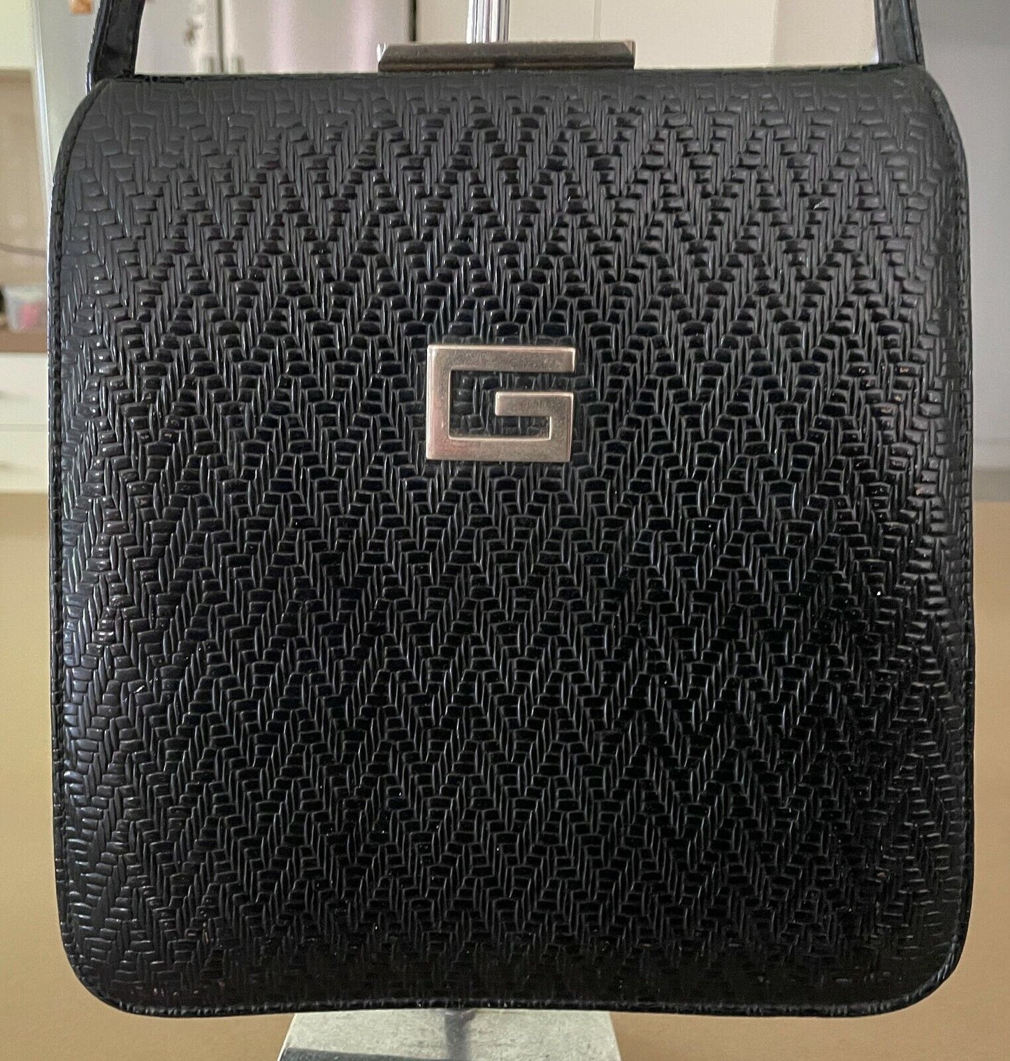 Vintage SHOULDER BAG 1960's Black Embossed Vinyl Frame Handbag Adjustable Strap