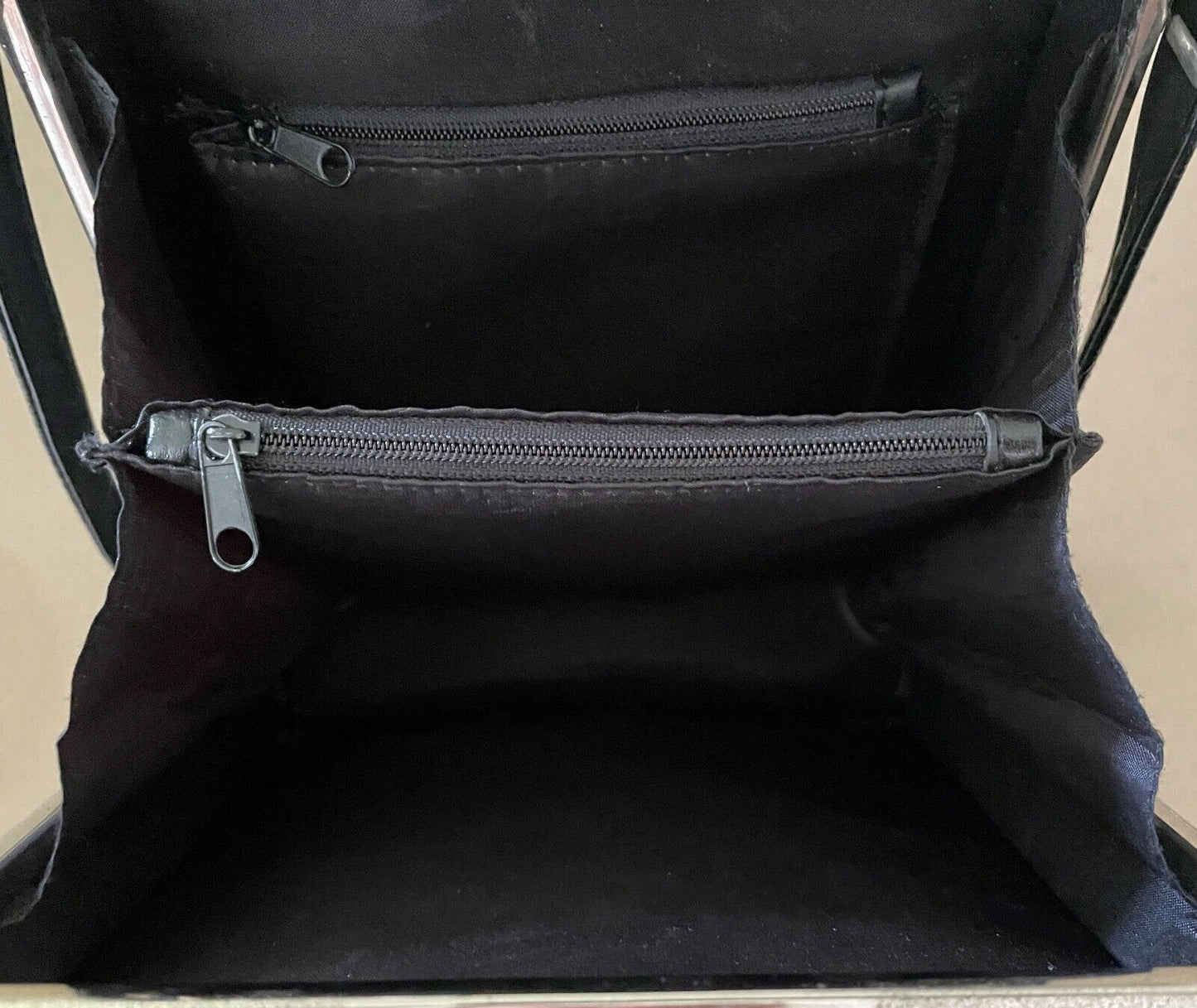 Vintage SHOULDER BAG 1960's Black Embossed Vinyl Frame Handbag Adjustable Strap