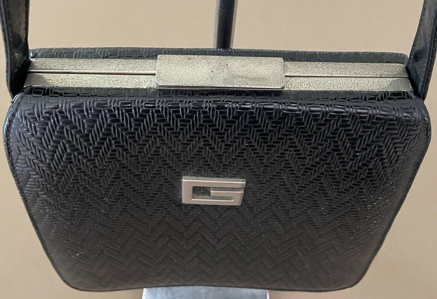 Vintage SHOULDER BAG 1960's Black Embossed Vinyl Frame Handbag Adjustable Strap