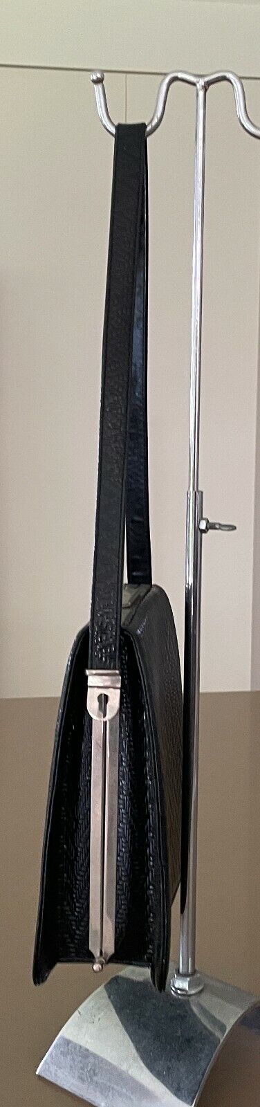 Vintage SHOULDER BAG 1960's Black Embossed Vinyl Frame Handbag Adjustable Strap