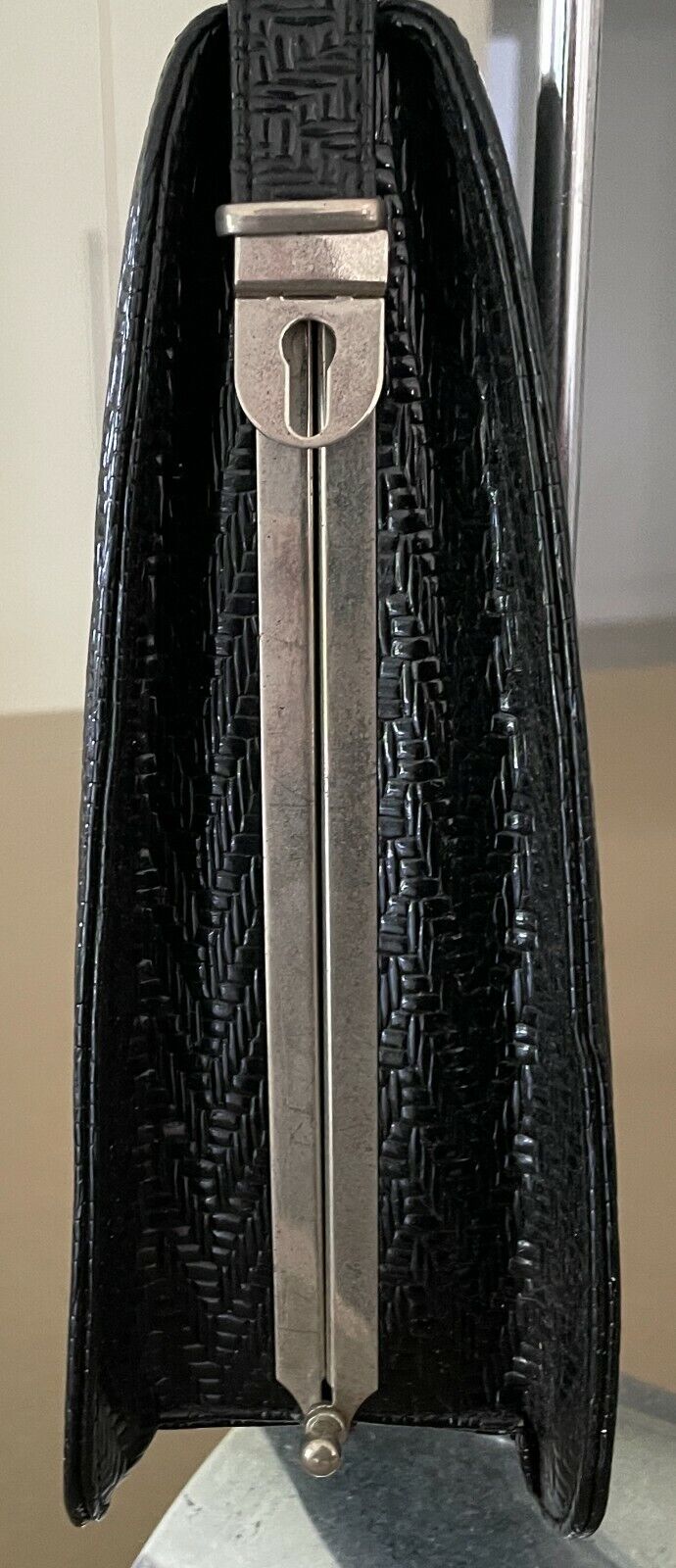 Vintage SHOULDER BAG 1960's Black Embossed Vinyl Frame Handbag Adjustable Strap